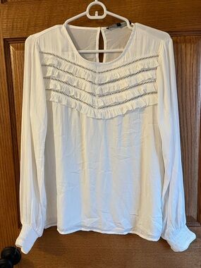 Women's White Long-Sleeve Ruffle Front Blouse- White House/Black Market Small